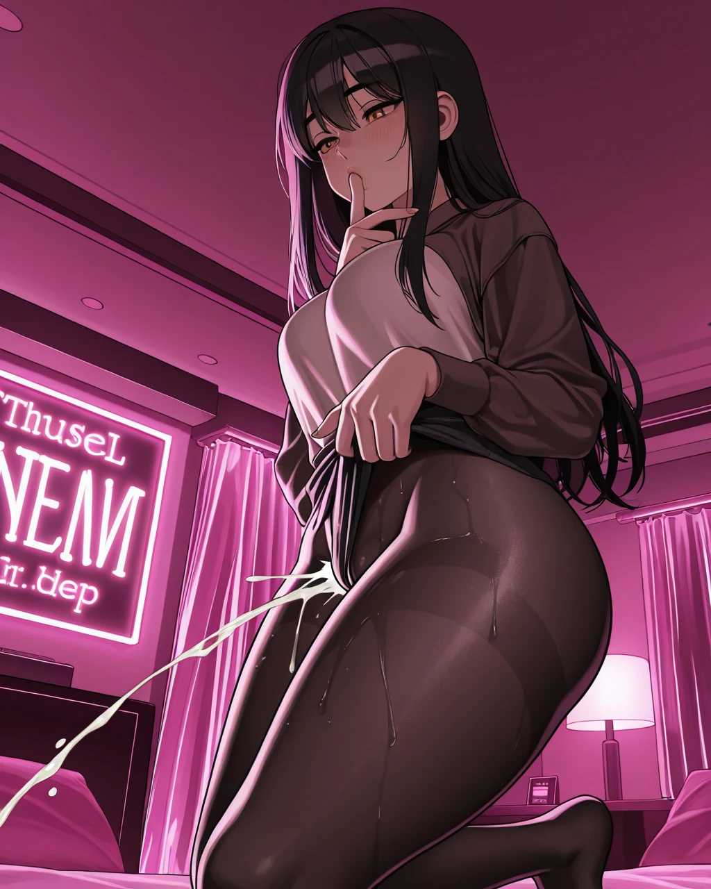 A dark-haired anime woman in a brown hoodie and shiny black pants stands in a pink-lit room with a neon sign as white liquid arcs from her waist.